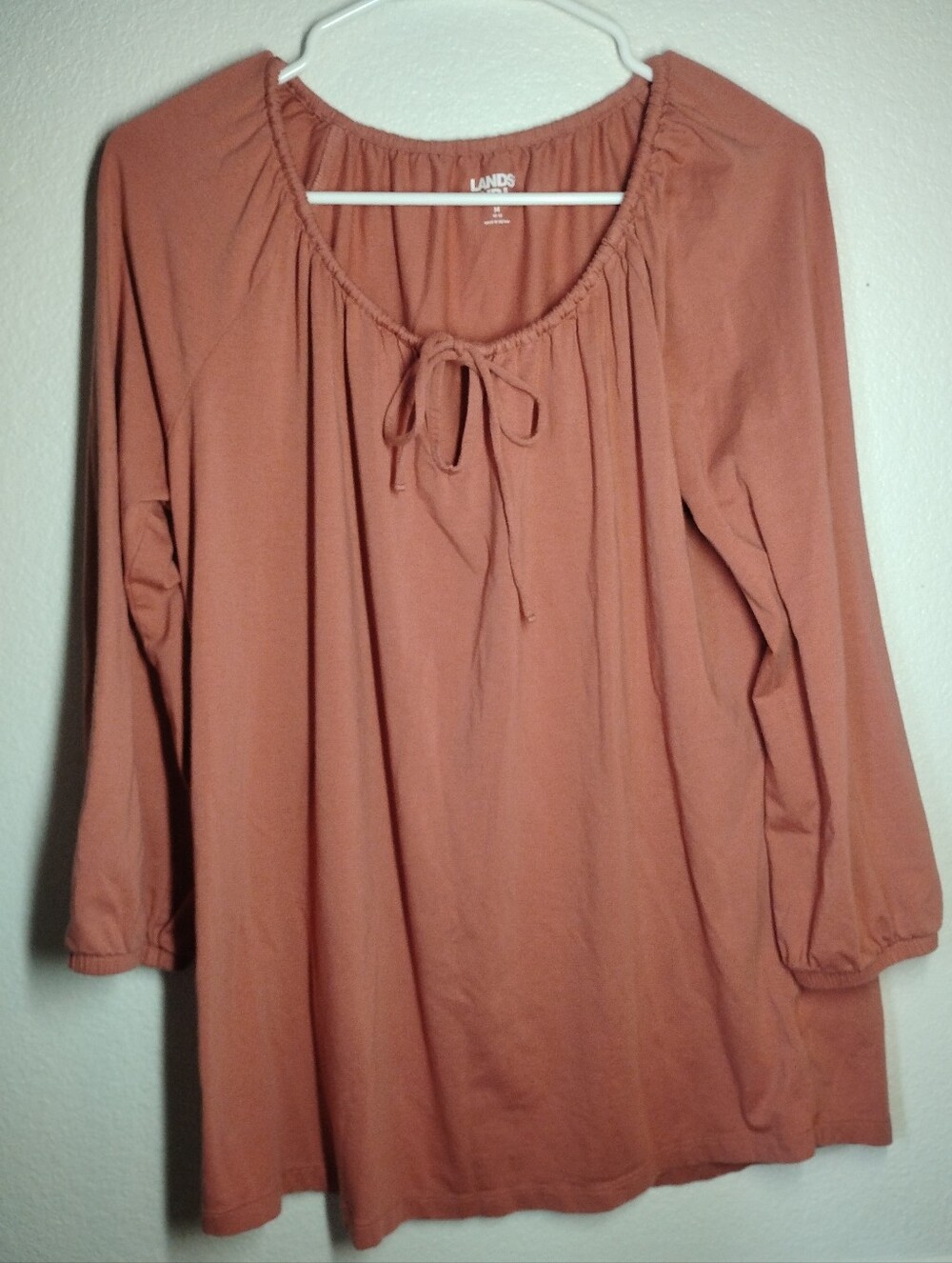 Land's End Blouse M 3/4 Sleeve Flowy Drawstring Gathered Pink